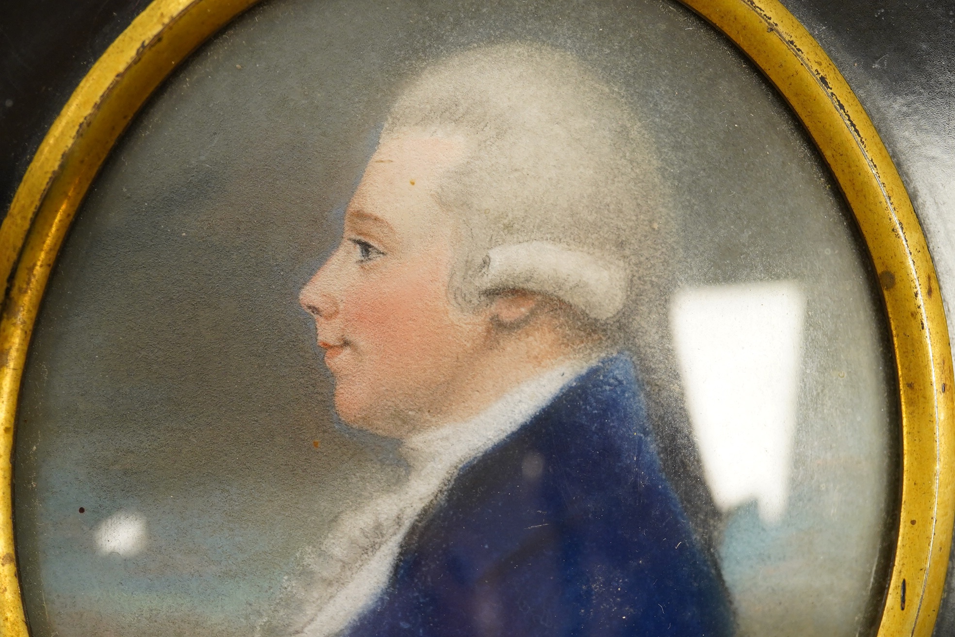 John Russell (1745-1806), pastel on card, Portrait miniature of a gentleman, Ernest Salaman inscribed collection label verso, 10 x 8.5cm, housed in ebonised and gilt frame. Condition - fair to good